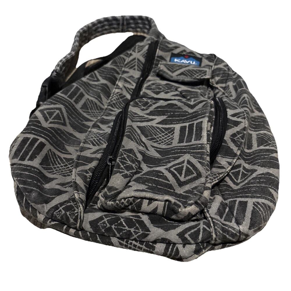 KAVU Rope Sling Backpack Black Gray Tribal Geometric Crossbody Festival